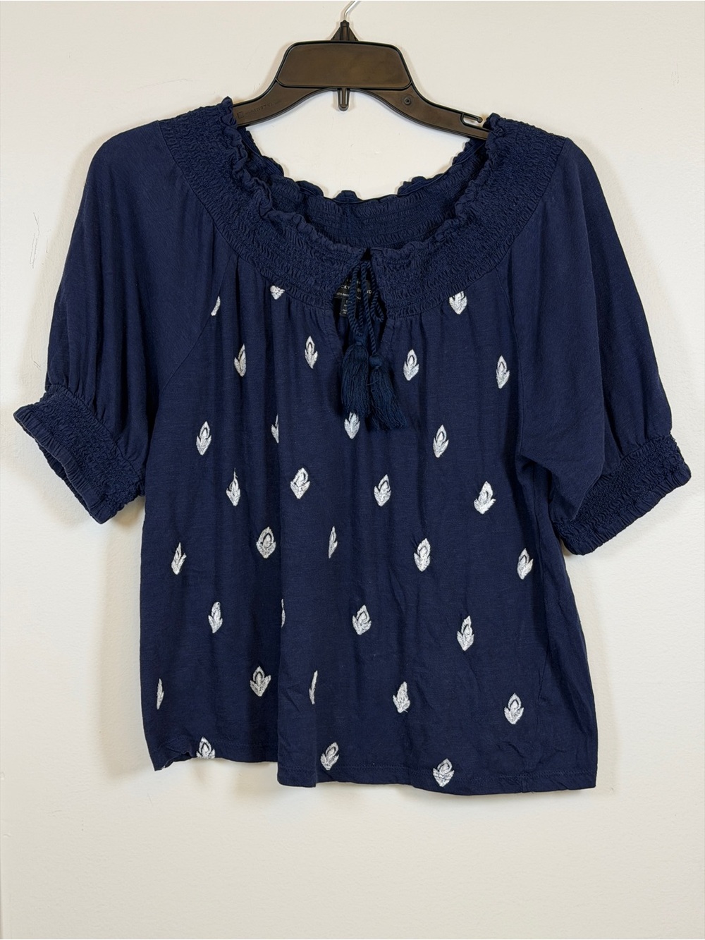 Lucky Brand Navy Embroidered Boho Peasant Blouse Smocked Puff sleeve S
